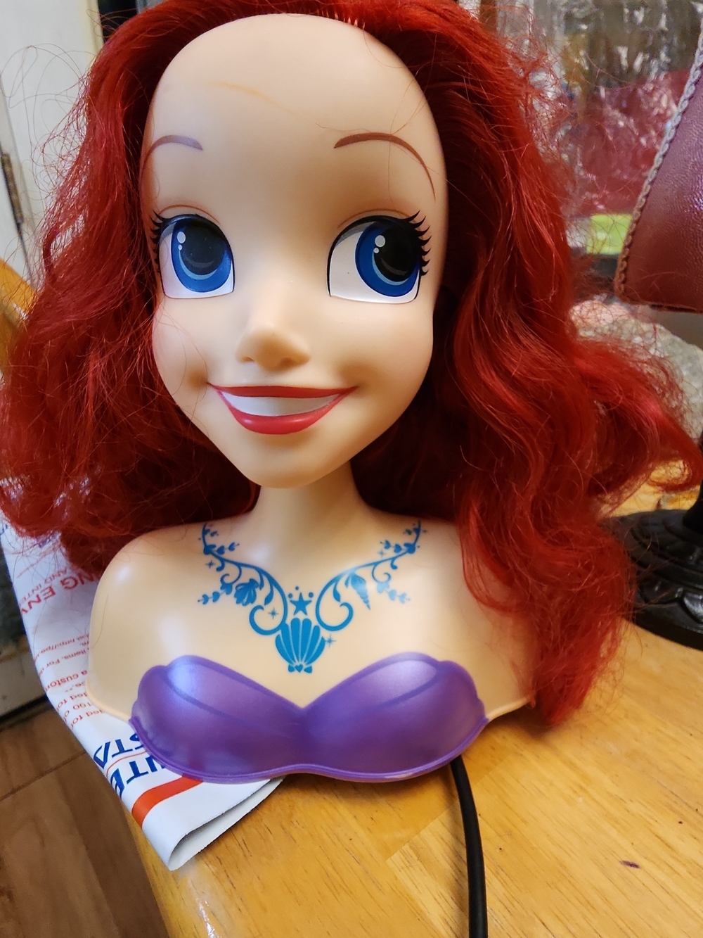 Red-Haired Mermaid Styling Head with Purple Shell Top
